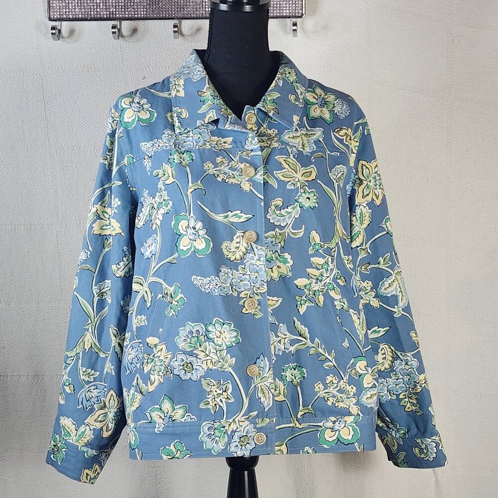 Appleseed's Petite Cotton Canvas Short Waisted Blue Grey Floral Jacket Size 18P